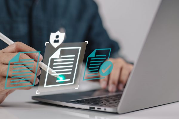 intelligent contract. Data Protection and Privacy Policy Concept of a Man Executing a Digital Signature on an Online Business Contract